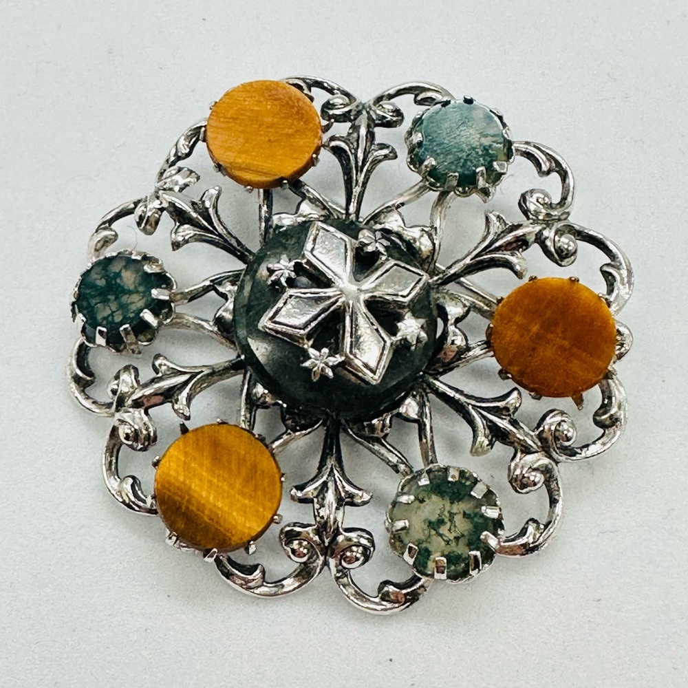Vintage Accessocraft Brooch Silver Tone Striated Stone Cross Scottish Celtic